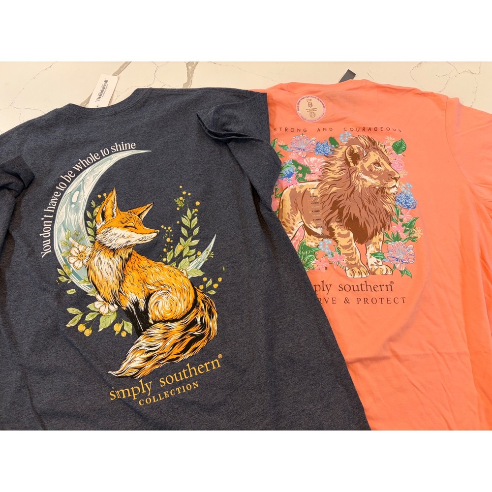 New Simply Southern T-Shirt Lot 2 XL Fox Moon Lion Floral Graphic Tees
